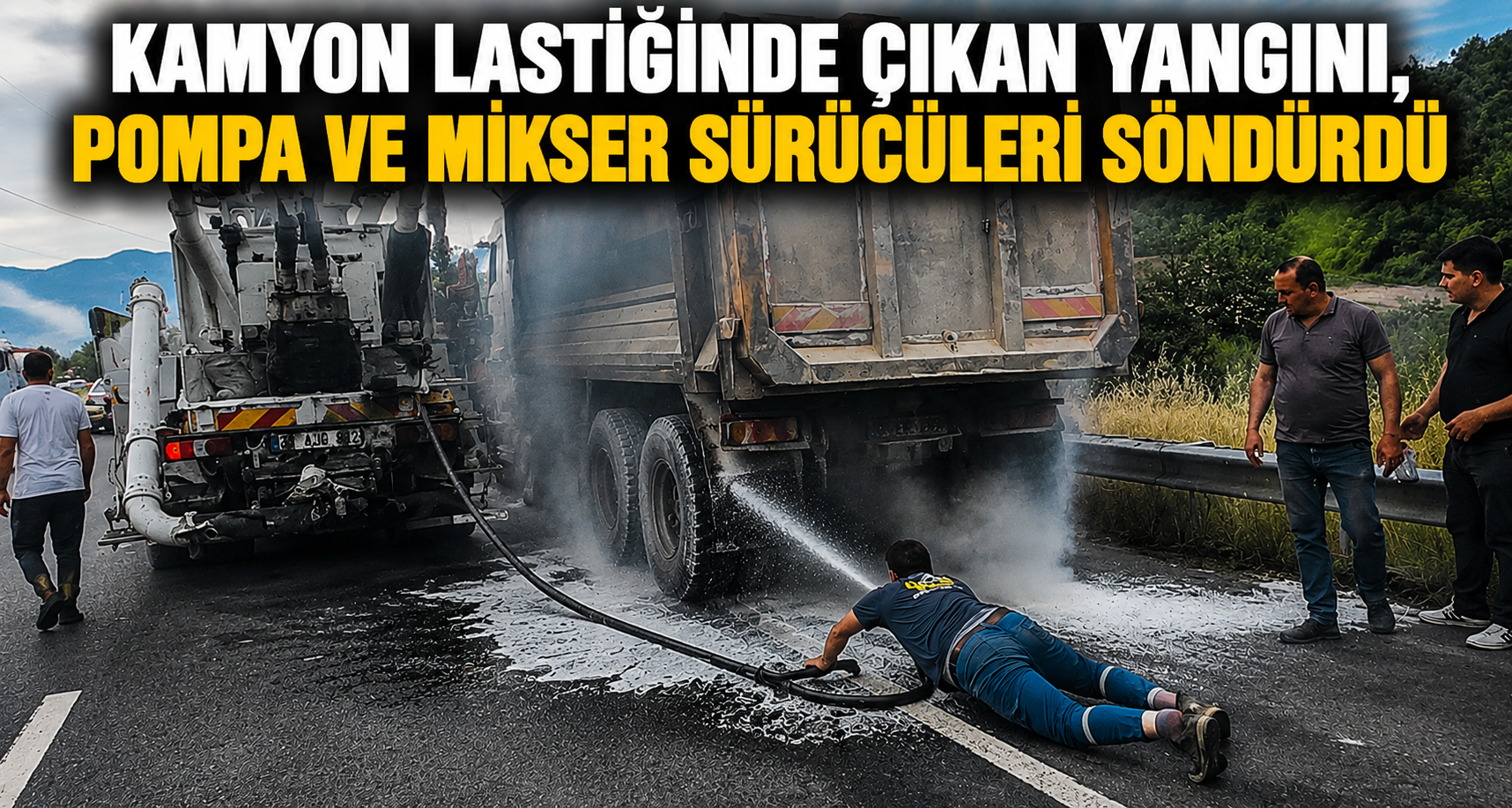 Kamyon lastiğinde çıkan yangını, pompa ve mikser sürücüleri söndürdü