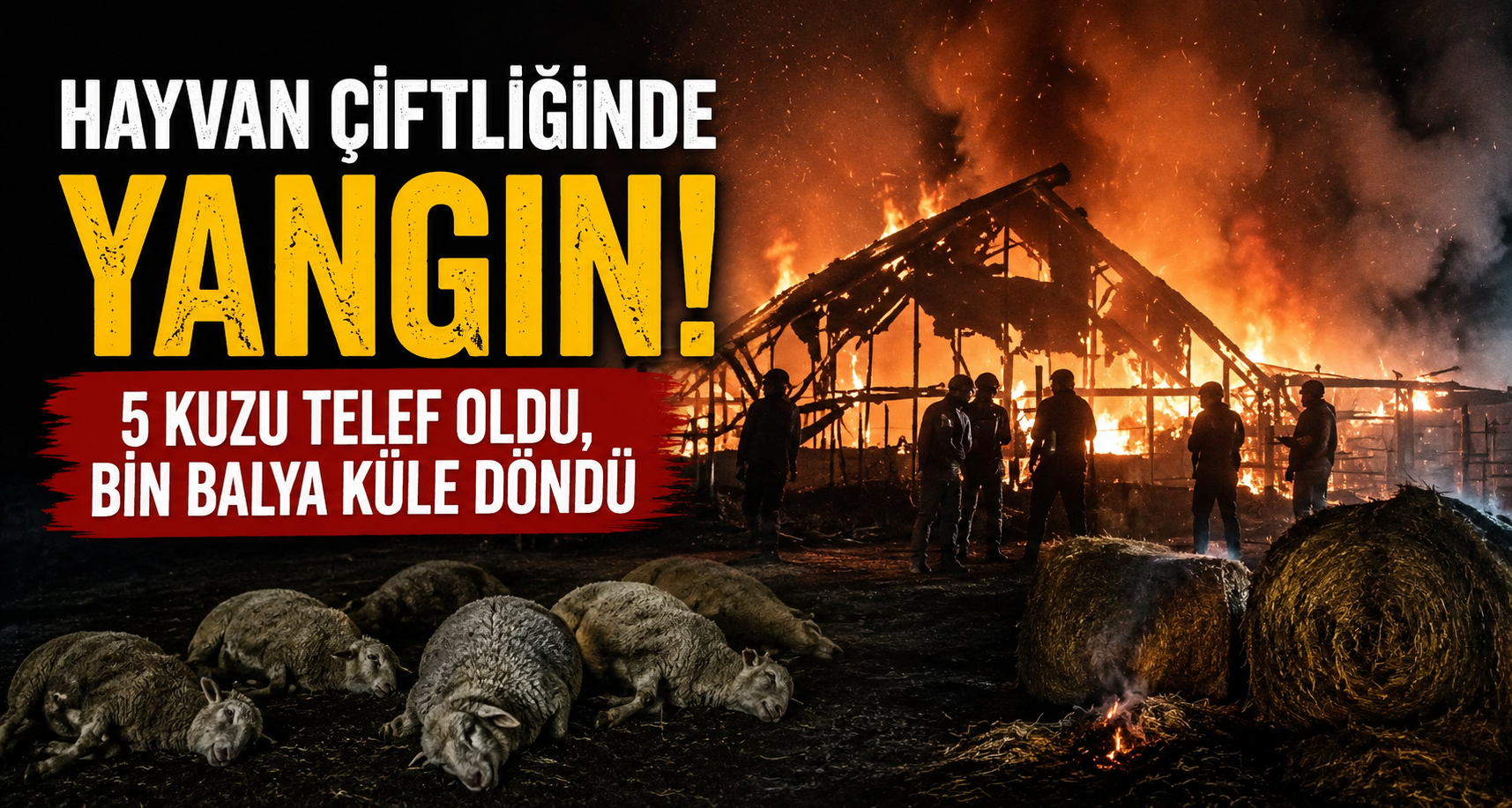 Hayvan çiftliğindeki yangında 5 kuzu telef oldu, bin balya küle döndü