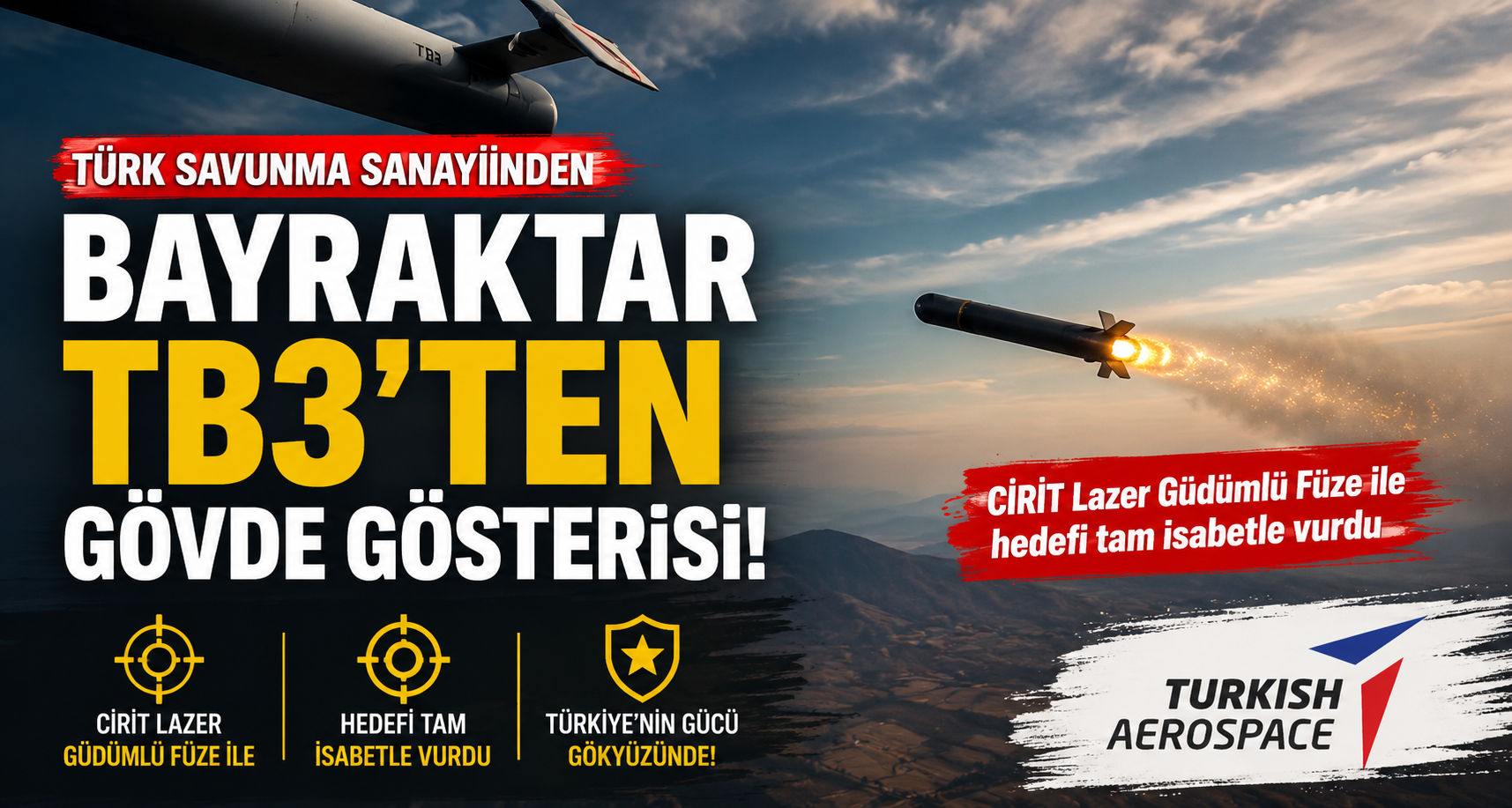 Bayraktar TB3, CİRİT Lazer Güdümlü Füze ile hedefi tam isabetle vurdu