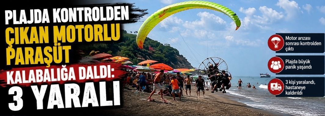 Plajda kontrolden çıkan motorlu paraşüt kalabalığa daldı: 3 yaralı