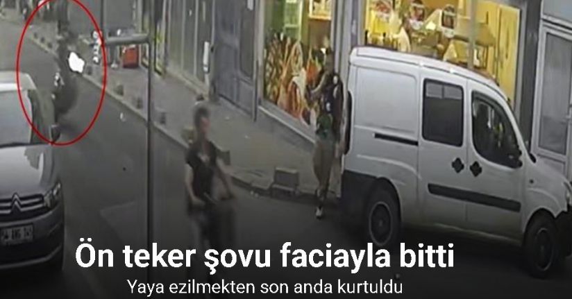 Tekirdağ’da ön teker şovu kazayla bitti, yaya ezilmekten son anda kurtuldu: Korkunç anlar kamerada
