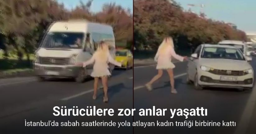 Büyükçekmece’de yola atlayan alkollü olduğu ileri sürülen kadın trafiği birbirine kattı
