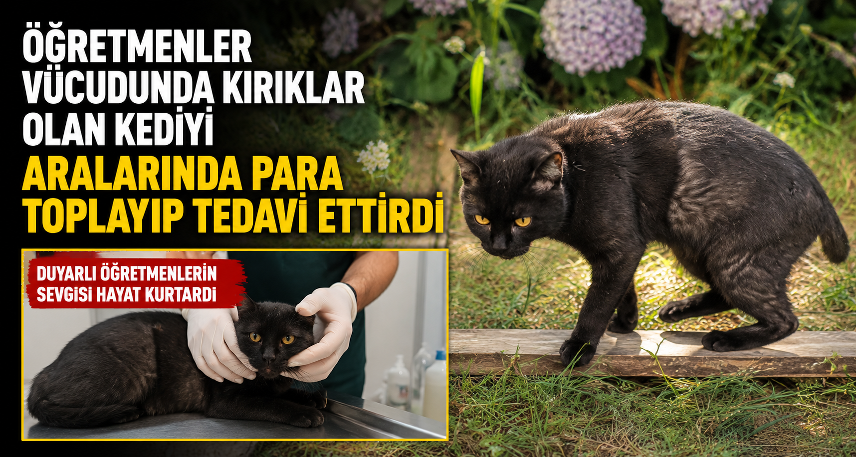 Öğretmenler vücudunda kırıklar olan kediyi aralarında para toplayıp tedavi ettirdi