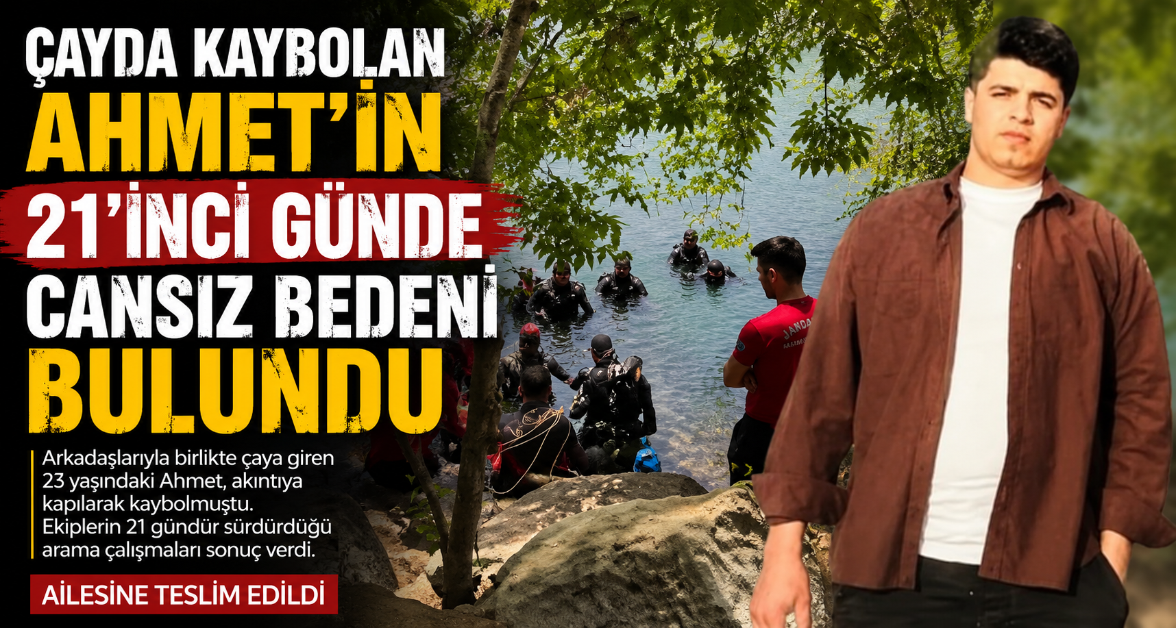 Çayda kaybolan Ahmet’in 21’inci günde cansız bedeni bulundu