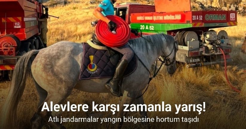 Atlı jandarmalar yangın bölgesine hortum taşıdı