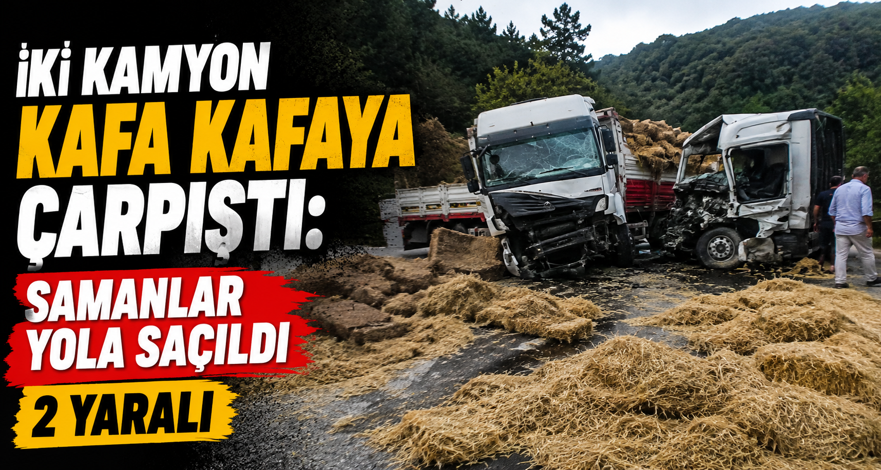 İki Kamyon Kafa Kafaya Çarpıştı: Samanlar Yola Saçıldı, 2 Yaralı