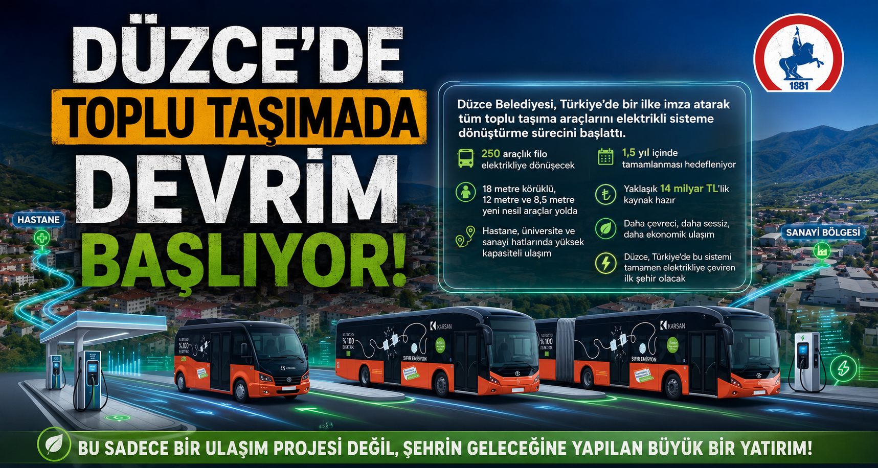 Düzce Toplu Taşımada Elektrikli Dönüşüm İçin Düğmeye Bastı