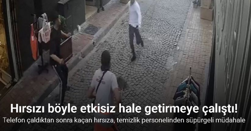 Fatih’te tramvayda telefon çaldıktan sonra kaçan hırsıza, temizlik personelinden süpürgeli müdahale kamerada