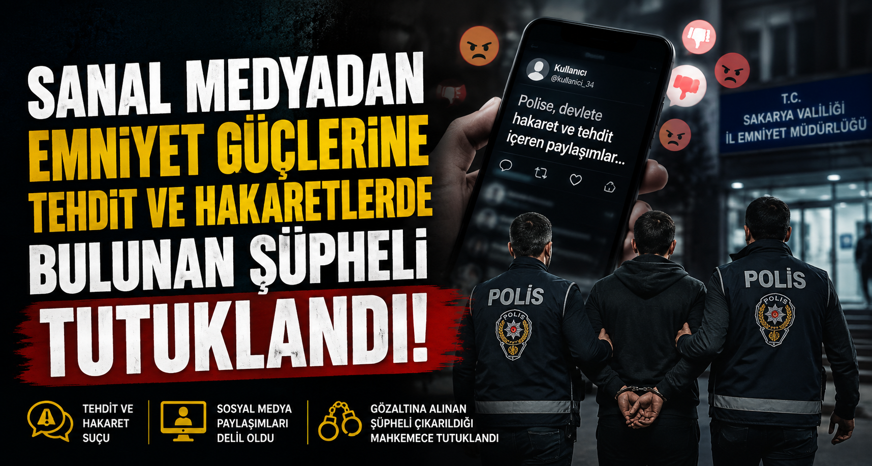 Sanal medyadan emniyet güçlerine tehdit ve hakaretlerde bulunan şüpheli tutuklandı