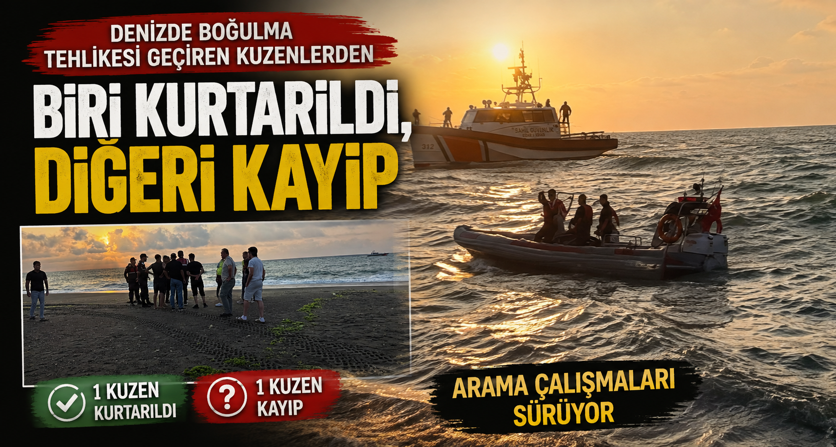 Denizde boğulma tehlikesi geçiren kuzenlerden biri kurtarıldı, diğeri kayıp