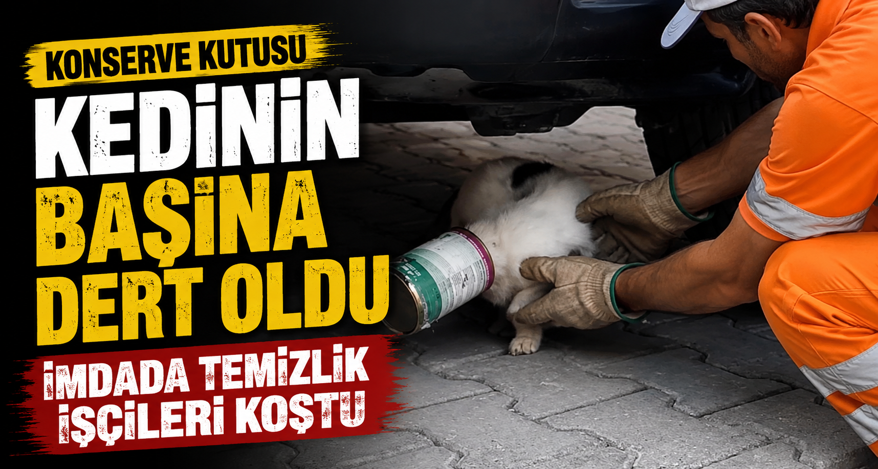 Konserve kutusu kedinin başına dert oldu: İmdada temizlik işçileri koştu