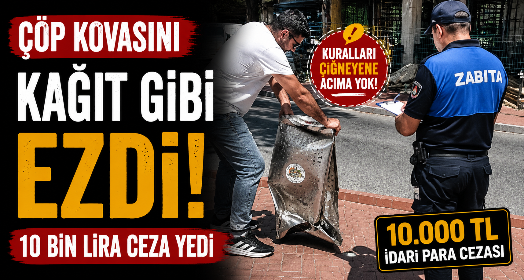 Çöp kovasını kağıt gibi ezdi, 10 bin lira ceza yedi