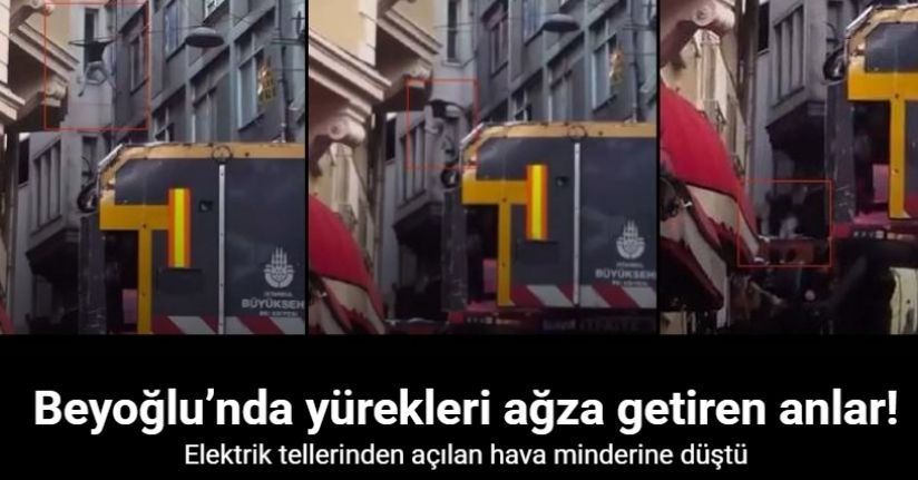 Beyoğlu’nda yürekleri ağza getiren anlar: Elektrik tellerinden açılan hava minderine düştü