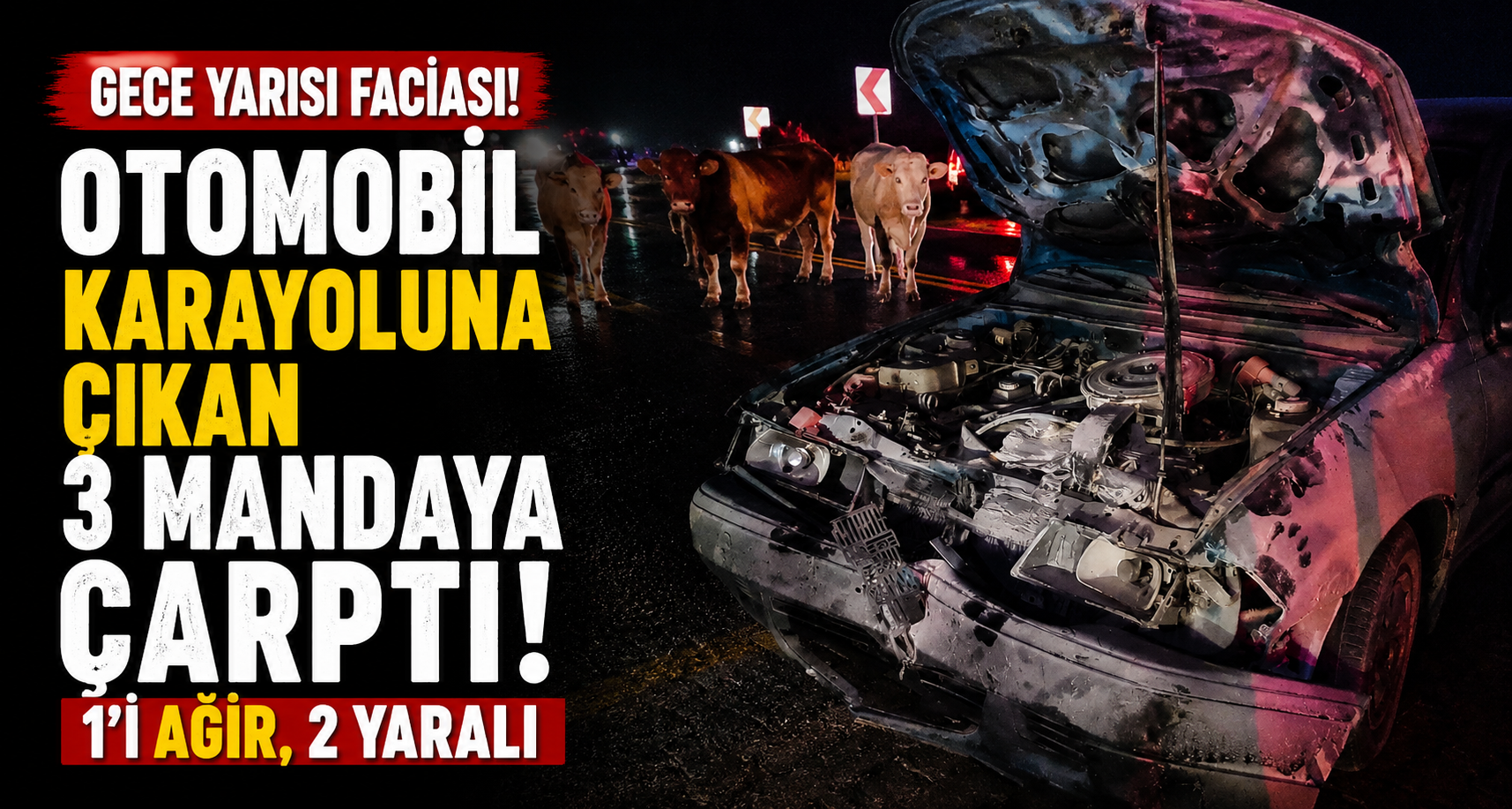 Otomobil karayoluna çıkan 3 mandaya çarptı: 1’i ağır, 2 yaralı