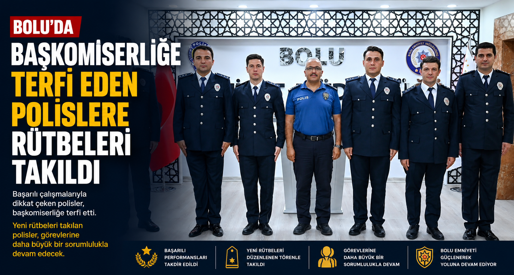 Bolu’da başkomiserliğe terfi eden polislere rütbeleri takıldı