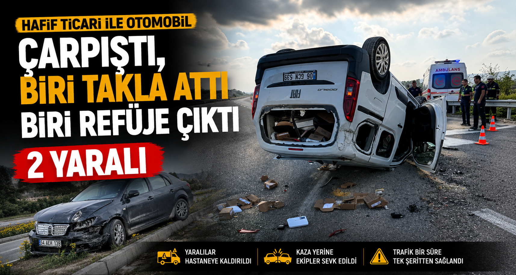 Hafif ticari ile otomobil çarpıştı, biri takla attı biri refüje çıktı: 2 yaralı