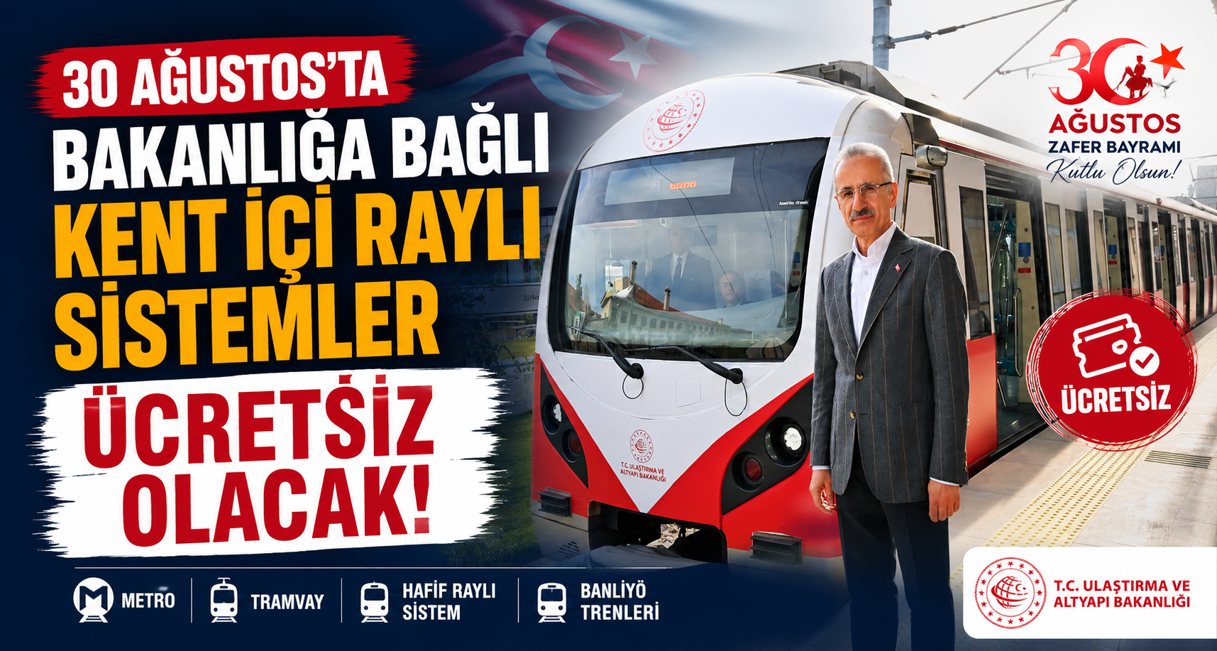 30 Ağustos'ta bakanlığa bağlı kent içi raylı sistemler ücretsiz olacak
