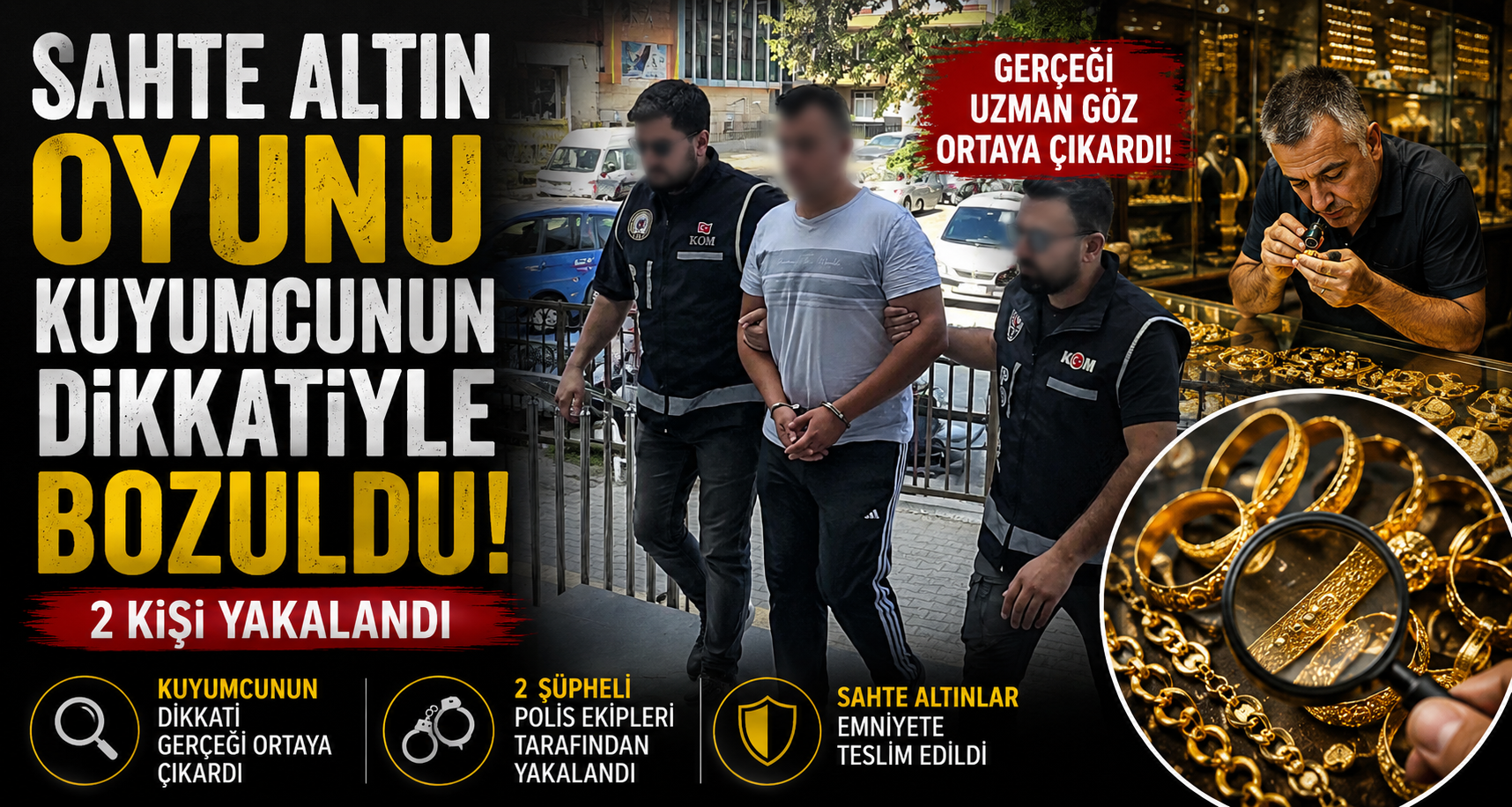 Sahte altın oyunu kuyumcunun dikkatiyle bozuldu: 2 kişi yakalandı