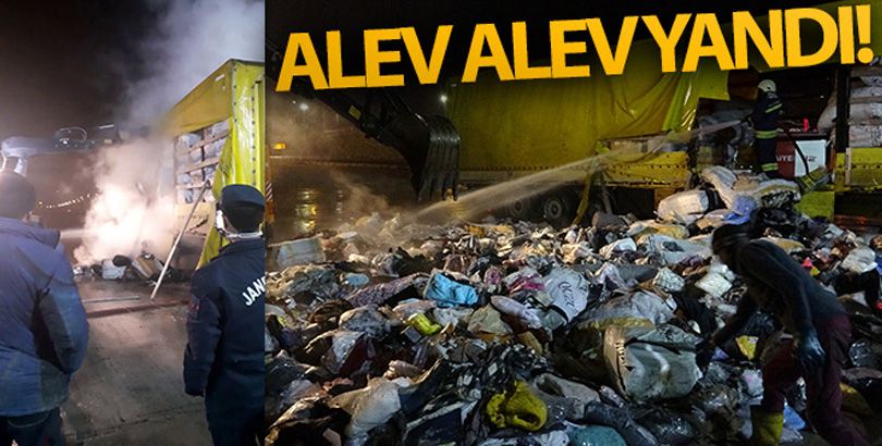 Park halindeki tekstil ürünü yüklü tırın dorsesi alev alev yandı
