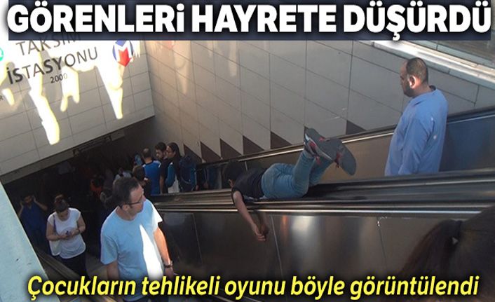 Taksim Metro İstasyonunda çocukların tehlikeli yürüyen merdiven oyunu
