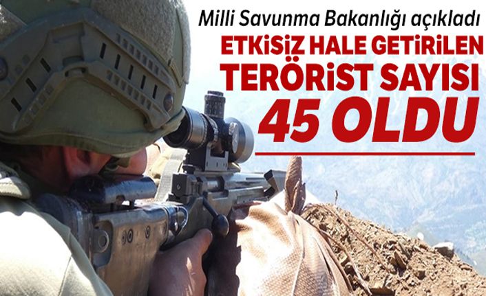 MSB: 'Etkisiz hale getirilen toplam terörist sayısı 45 oldu'